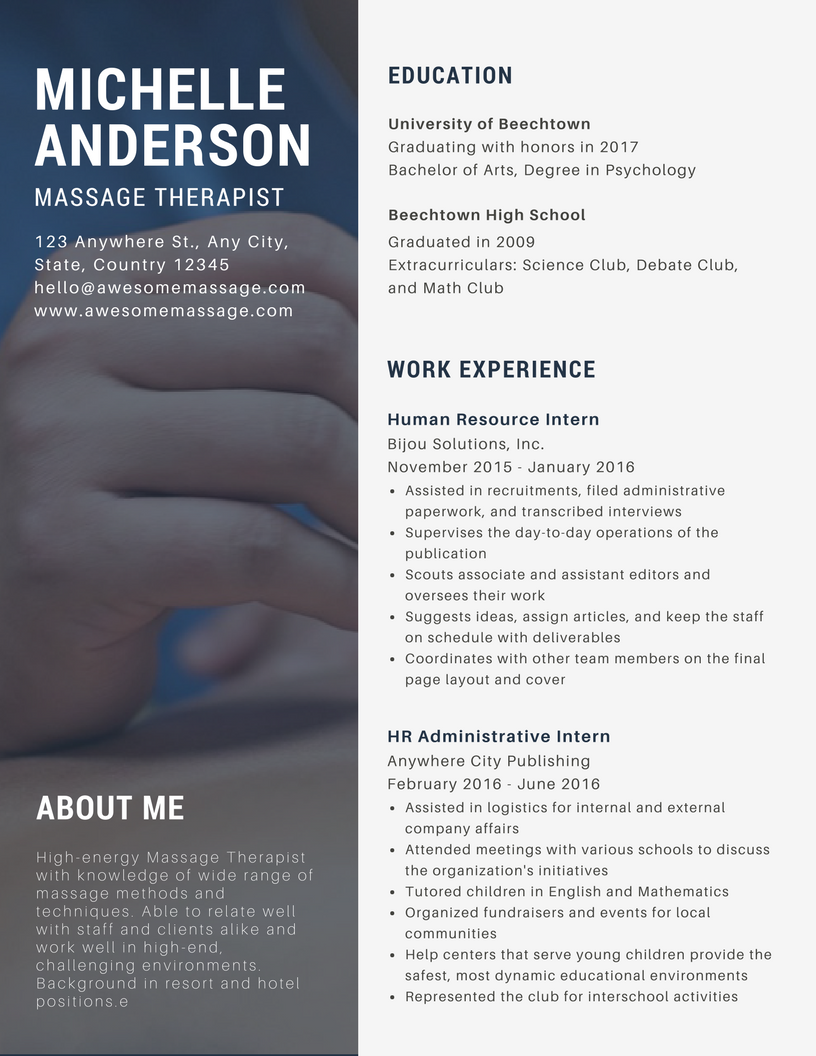 resume for igh-energy Massage Therapist with knowledge of wide range of massage methods and techniques. Able to relate well with staff and clients alike and work well in high-end, challenging environments. Background in resort and hotel positions.