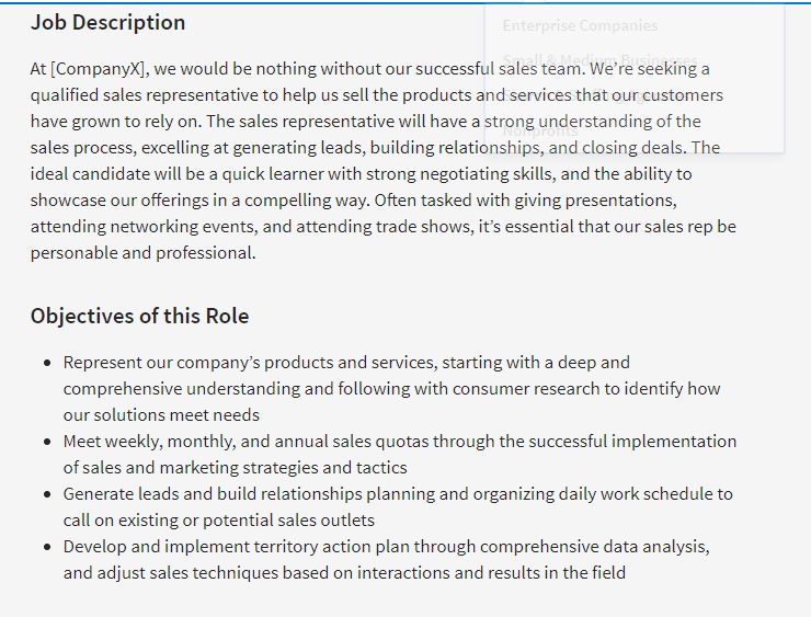 job description for sales representative resume