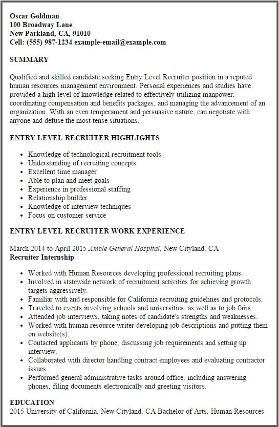 entry-level recruiter resume example