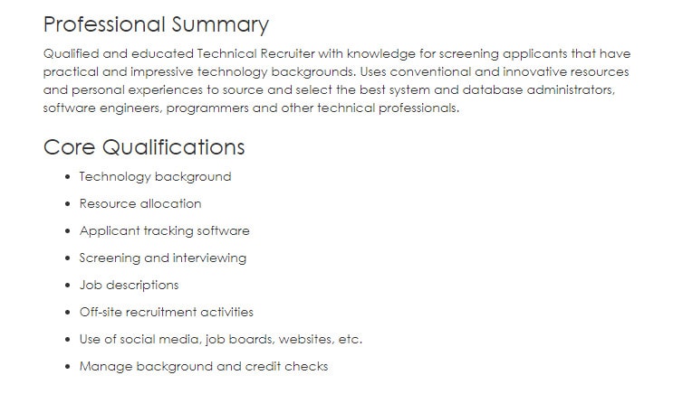 technical recruiter resume sample
