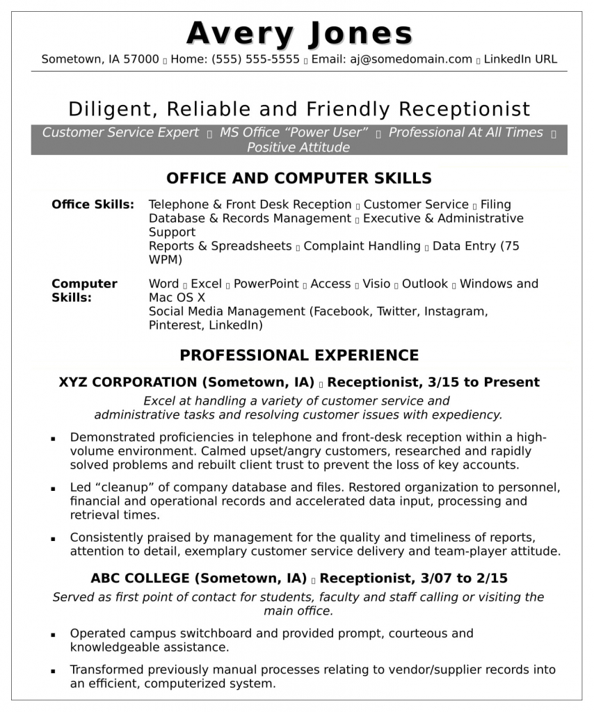 Resume for a front-desk team member