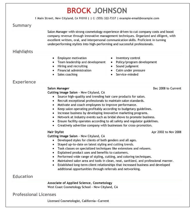 Resume for a beauty salon