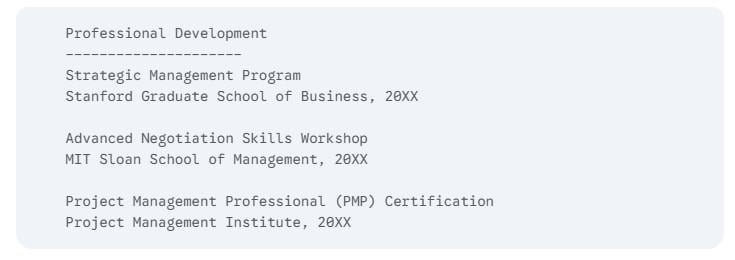 List Executive Education on Resume Development